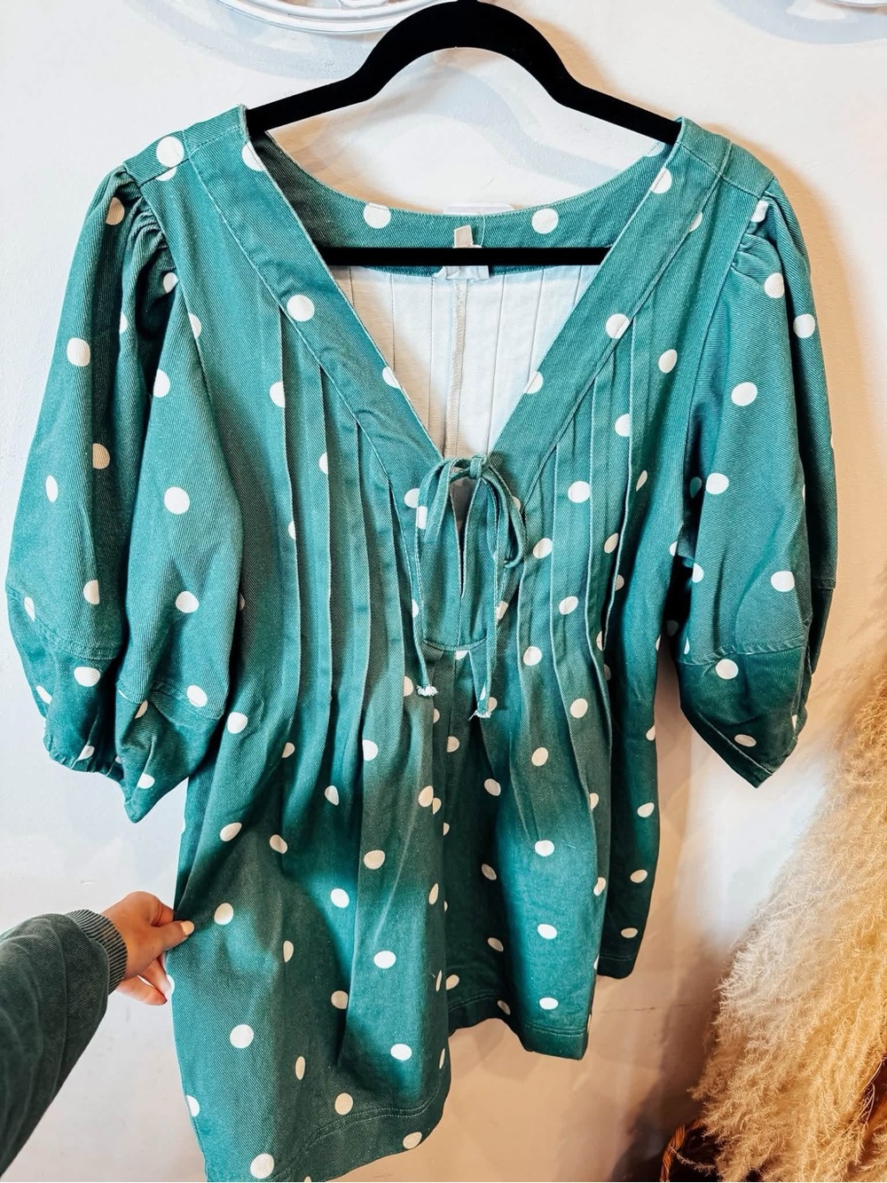 Peach Love California Green Polka Dot Tie-Front Puff Sleeve Denim Romper
